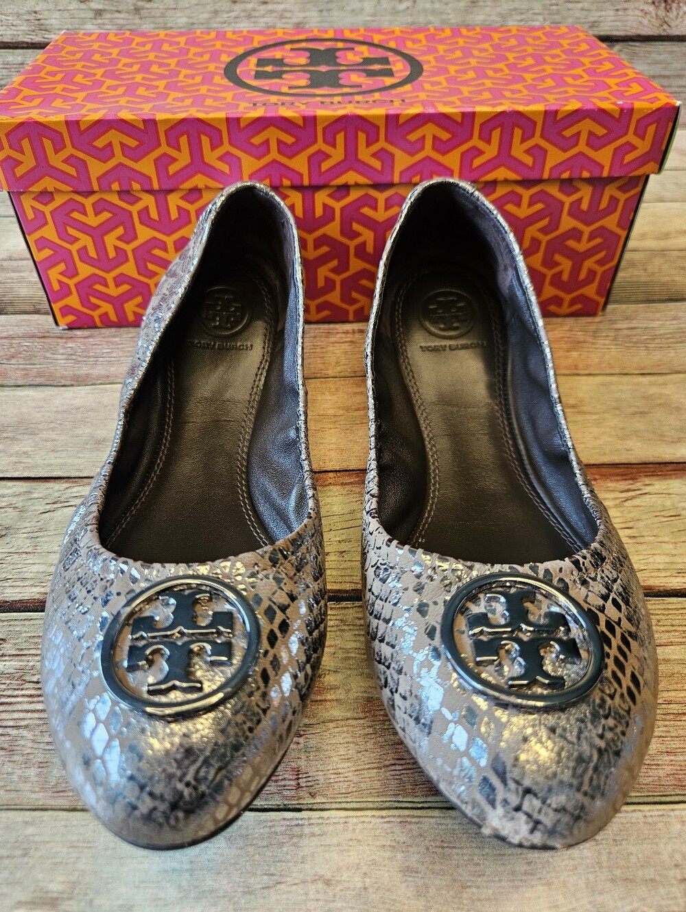 Tory Burch Heidi Metallic Snake-Embossed Leather Ballet Flats - Picture 8 of 9